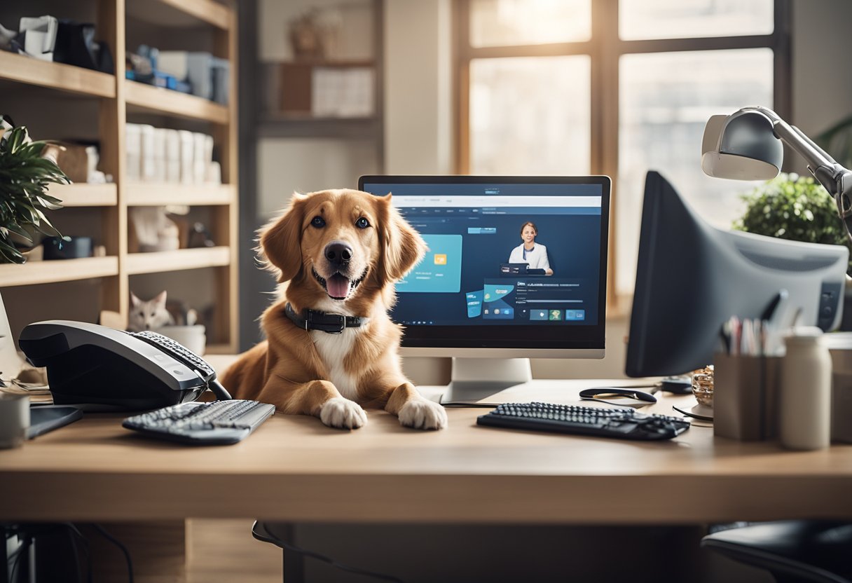 A happy dog and cat sit next to a customer service representative at a desk, surrounded by various pet products. A phone and computer are visible