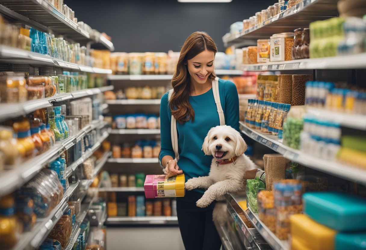 A colorful array of pet products displayed on shelves with a friendly customer service representative assisting a customer