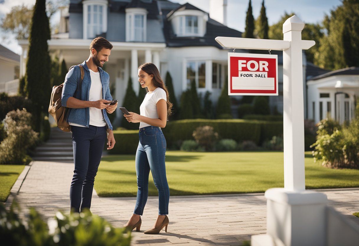 A couple standing outside a modern house with a "For Sale" sign, looking at the property listing on their smartphone