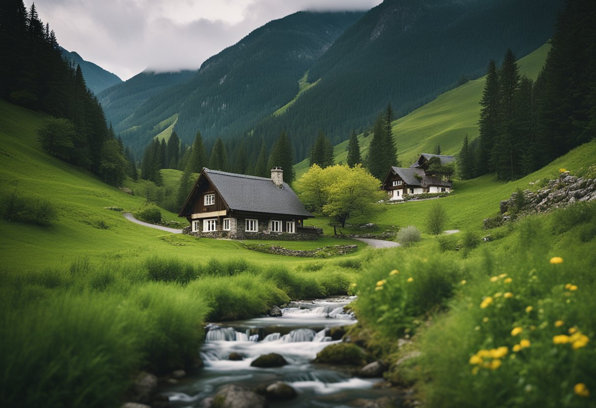 A cozy cottage nestled among lush green hills, with a clear stream flowing nearby and a backdrop of snow-capped mountains