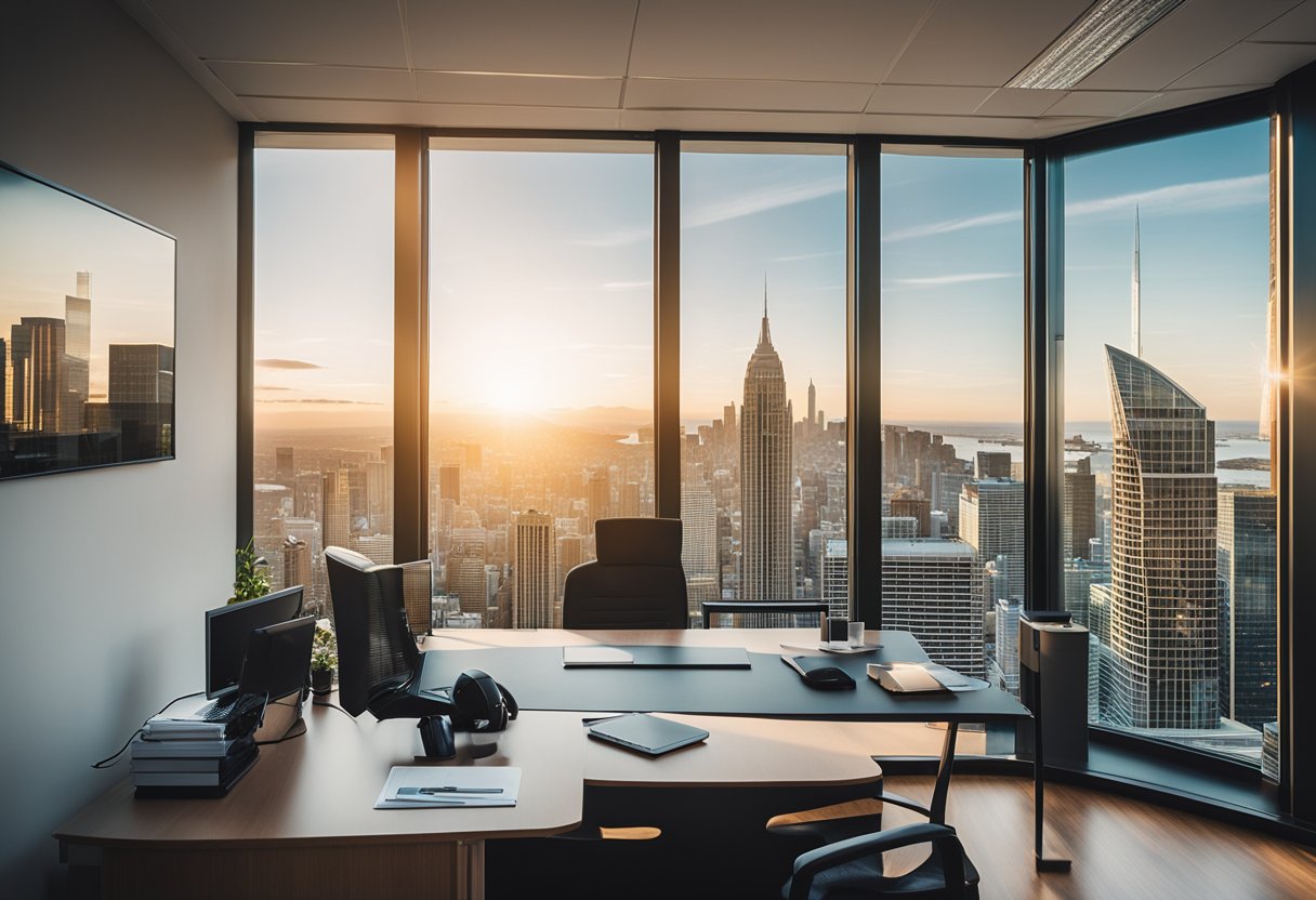 A cozy office with a desk, computer, and file cabinets. A large window overlooks a city skyline. A sign on the wall reads "Financial Guidance realestate co nz."