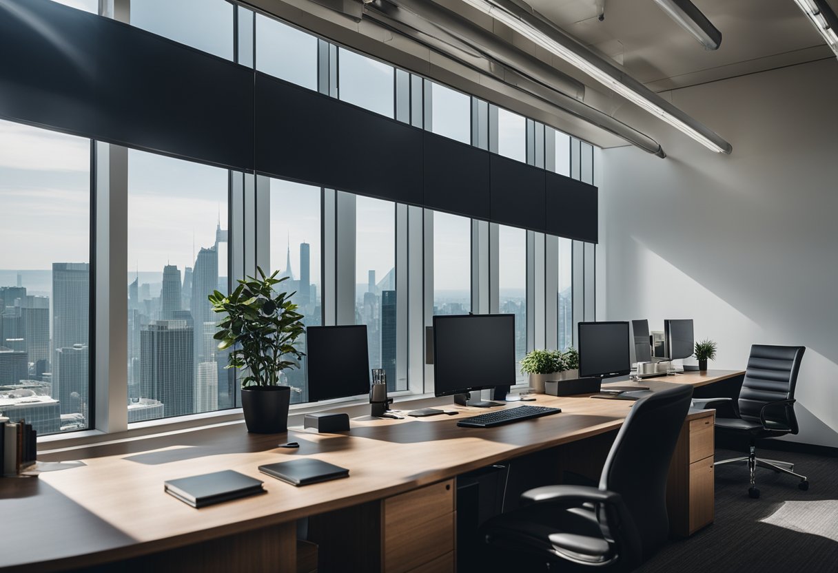 A modern office with a large desk, computer, and file cabinets. A wall of windows looks out onto a city skyline