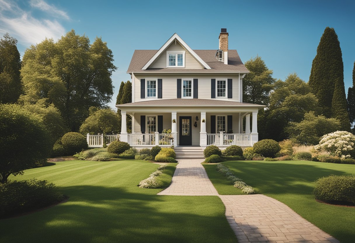 A cozy house with a well-manicured lawn and a welcoming front porch, surrounded by trees and a clear blue sky