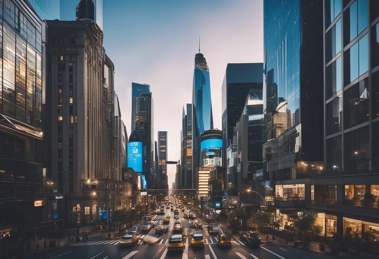 A bustling city street with skyscrapers and real estate signs