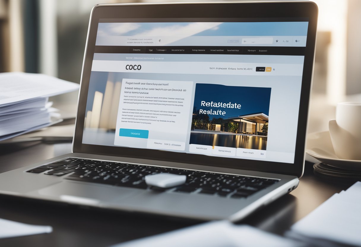 An open laptop displaying the FAQ section of realestate.co.nz, surrounded by a stack of papers and a pen