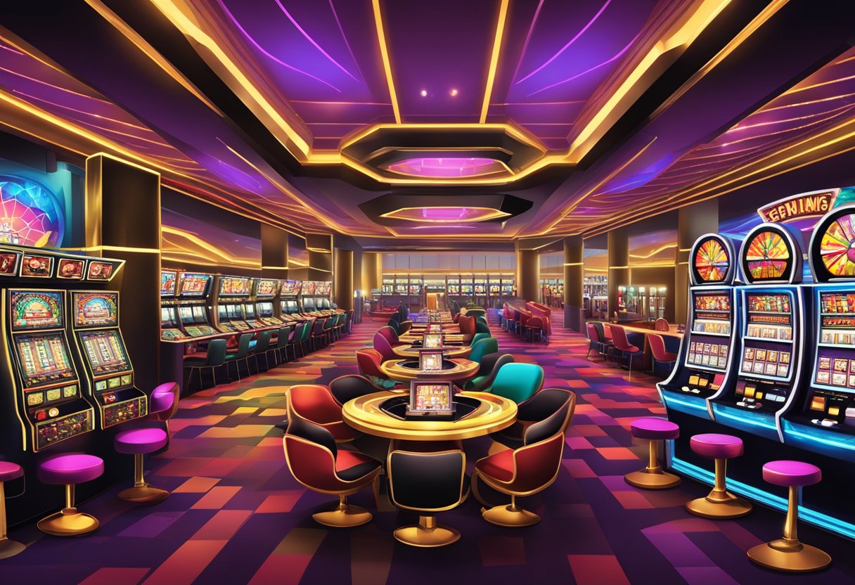 A vibrant igaming casino with rows of slot machines and card tables, filled with flashing lights and excited patrons