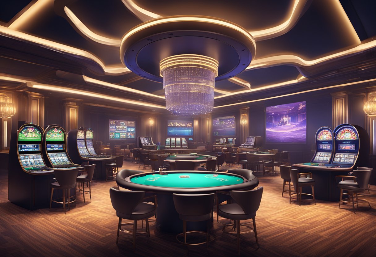 A sleek, high-tech casino studio with live dealer games being streamed online. Multiple game tables, professional equipment, and immersive lighting