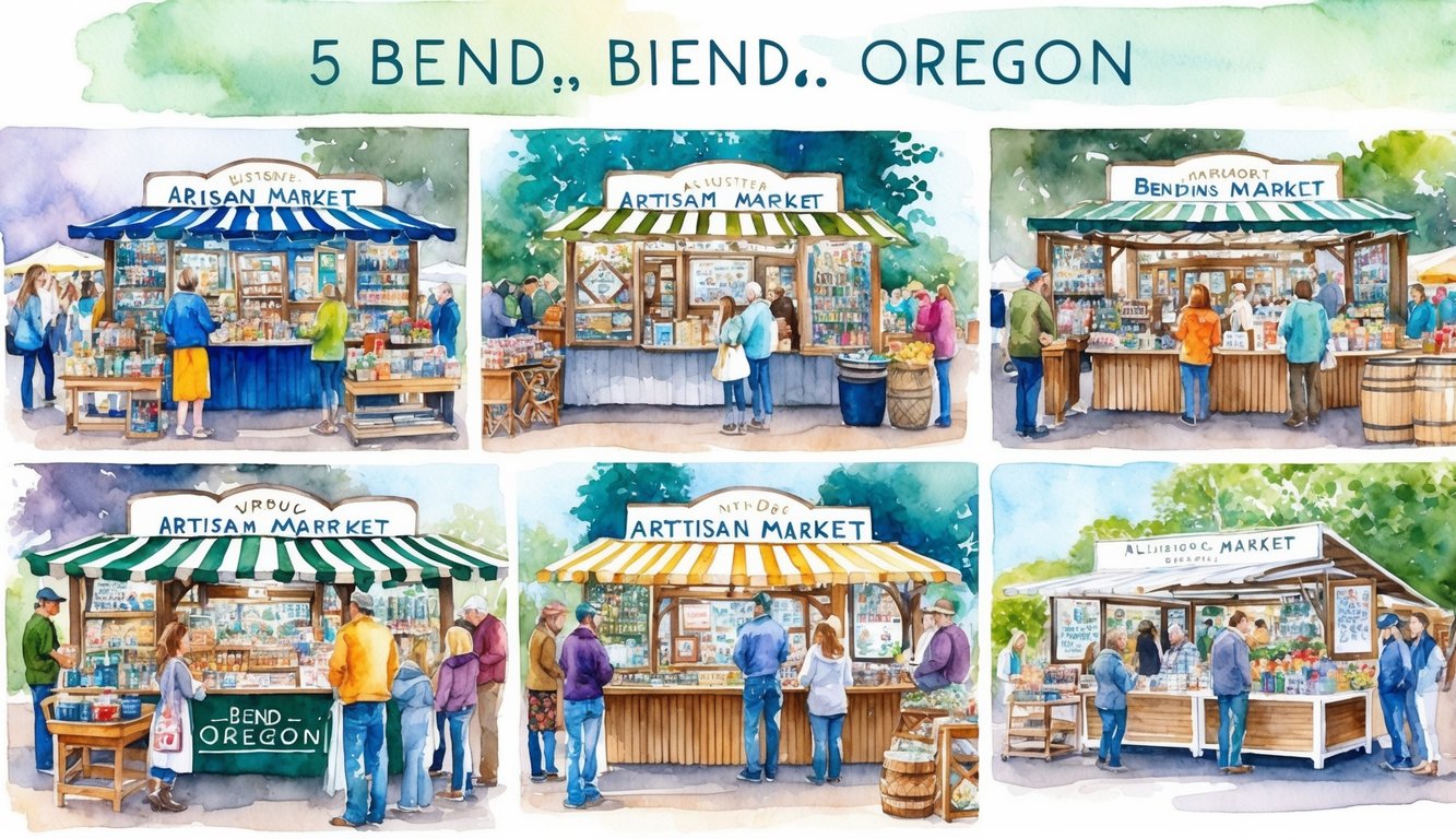 A bustling market with five unique artisan stalls showcasing handcrafted goods in Bend, Oregon. Each stall is filled with intricate and beautiful creations, drawing in a crowd of eager customers