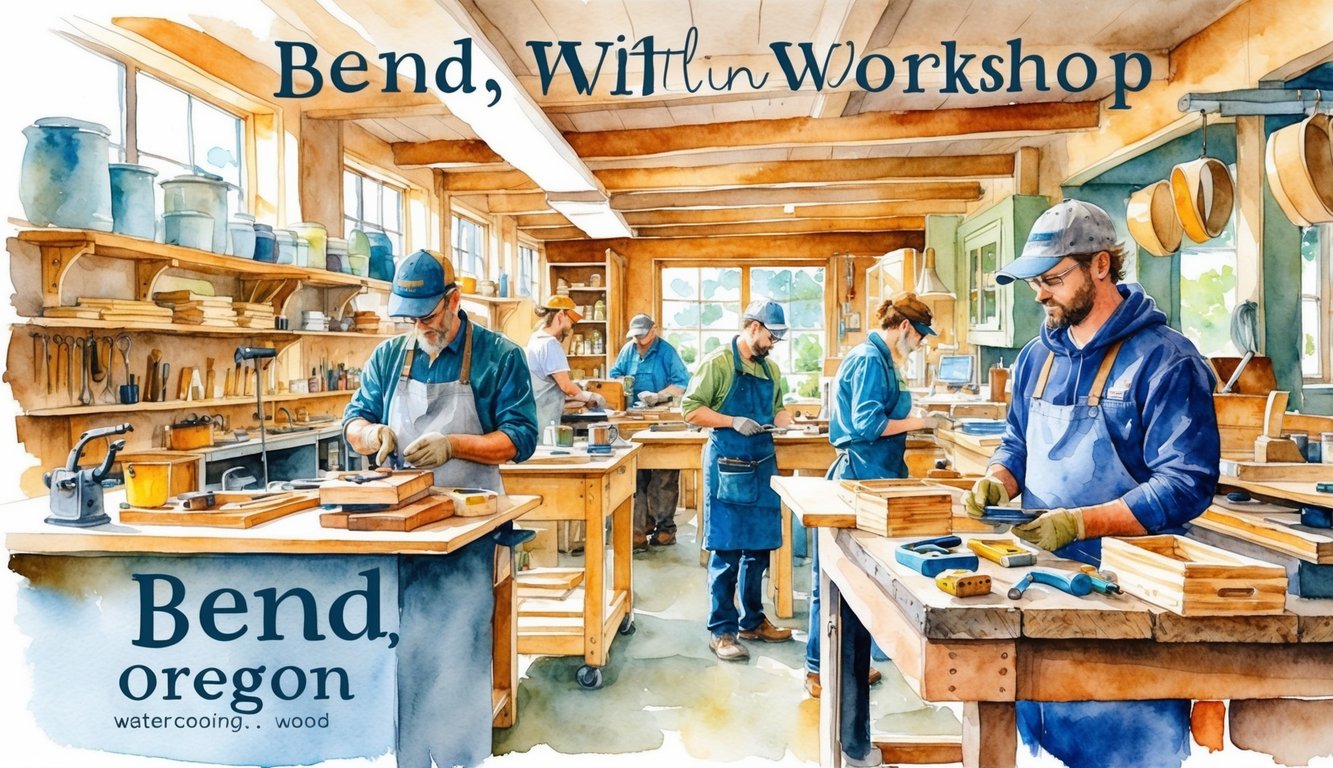 A cozy workshop in Bend, Oregon bustling with artisans crafting handmade goods. The sound of tools and the scent of wood fill the air