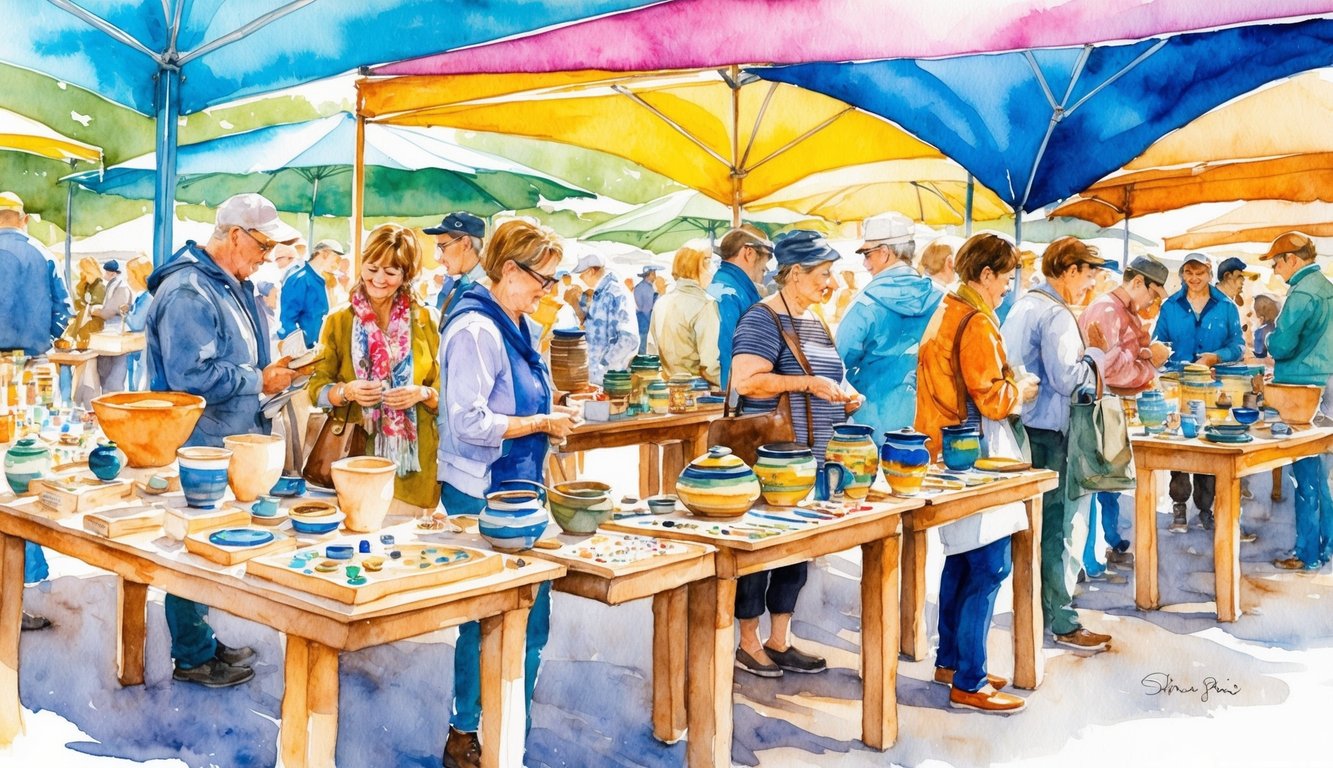 A bustling outdoor market with unique handcrafted goods displayed on wooden tables under colorful canopies. Shoppers admire pottery, jewelry, textiles, and woodwork