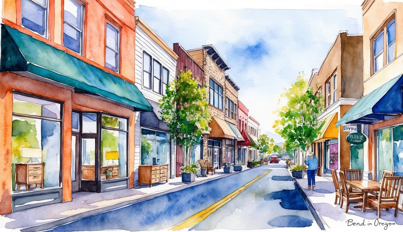 A bustling street in Bend, Oregon, lined with modern and rustic furniture stores. Each store's unique facade and colorful window displays attract passersby