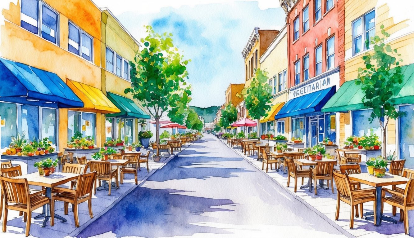 A bustling street in Bend, Oregon, lined with colorful vegetarian restaurants, each with outdoor seating and vibrant plant-based dishes on display