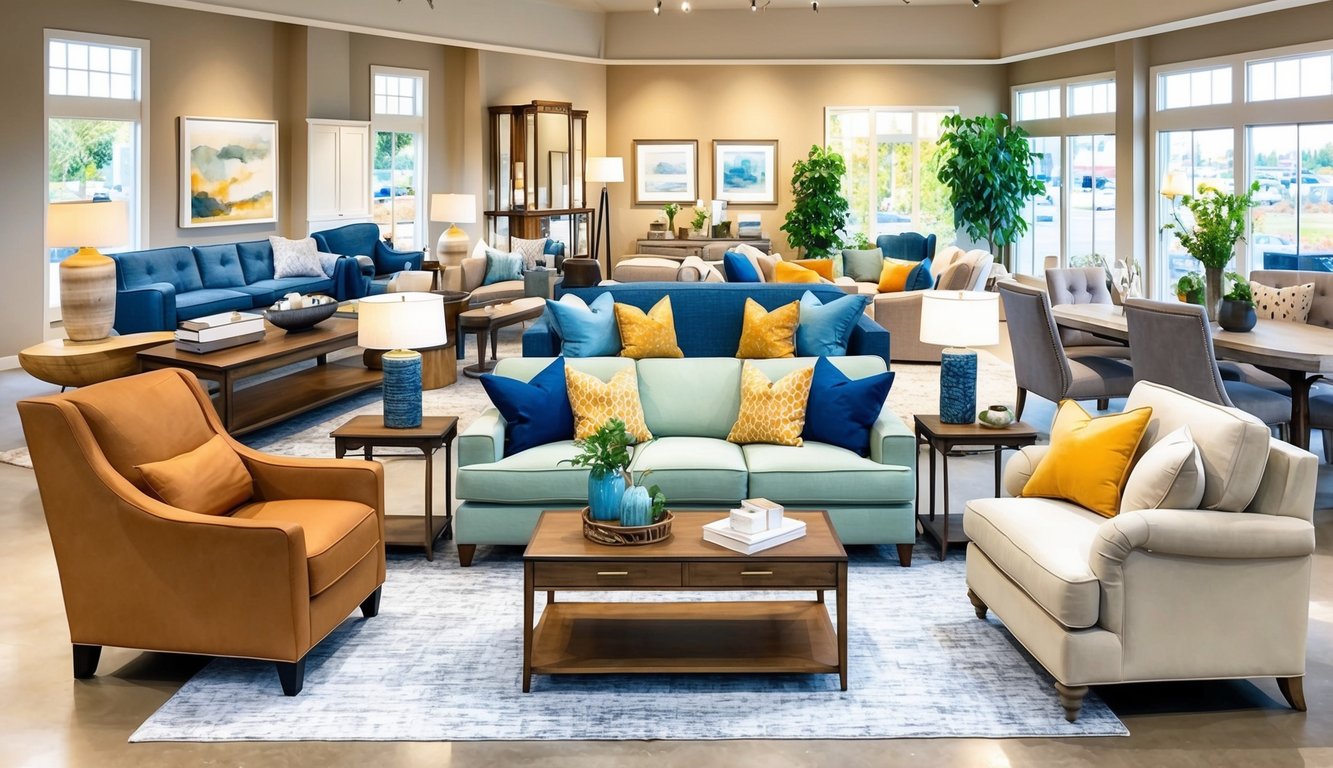 A cozy living room with a variety of furniture styles displayed in a spacious showroom at one of the top furniture stores in Bend, Oregon