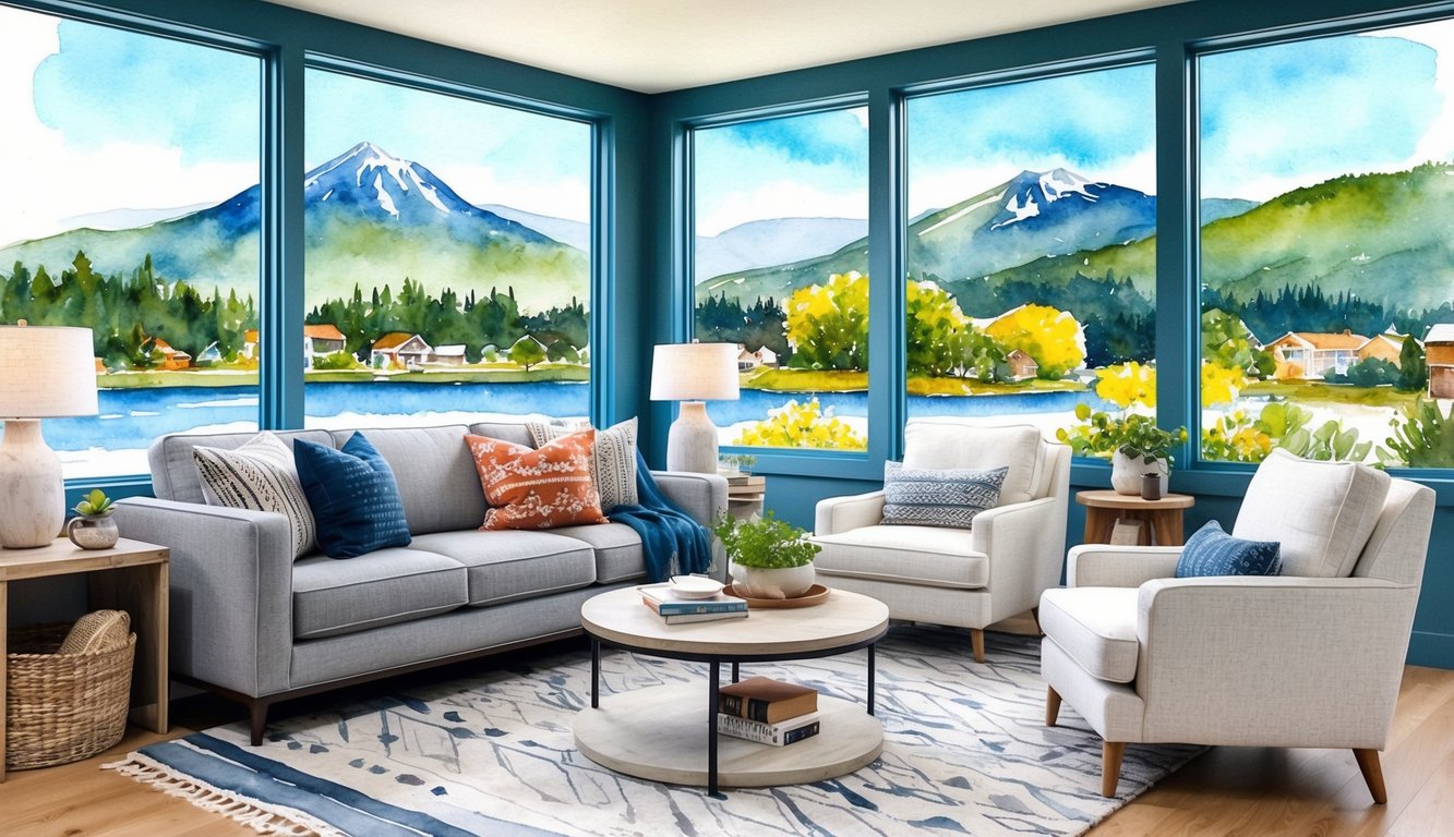 A cozy living room filled with modern and rustic furniture, surrounded by large windows overlooking the scenic mountains of Bend, Oregon