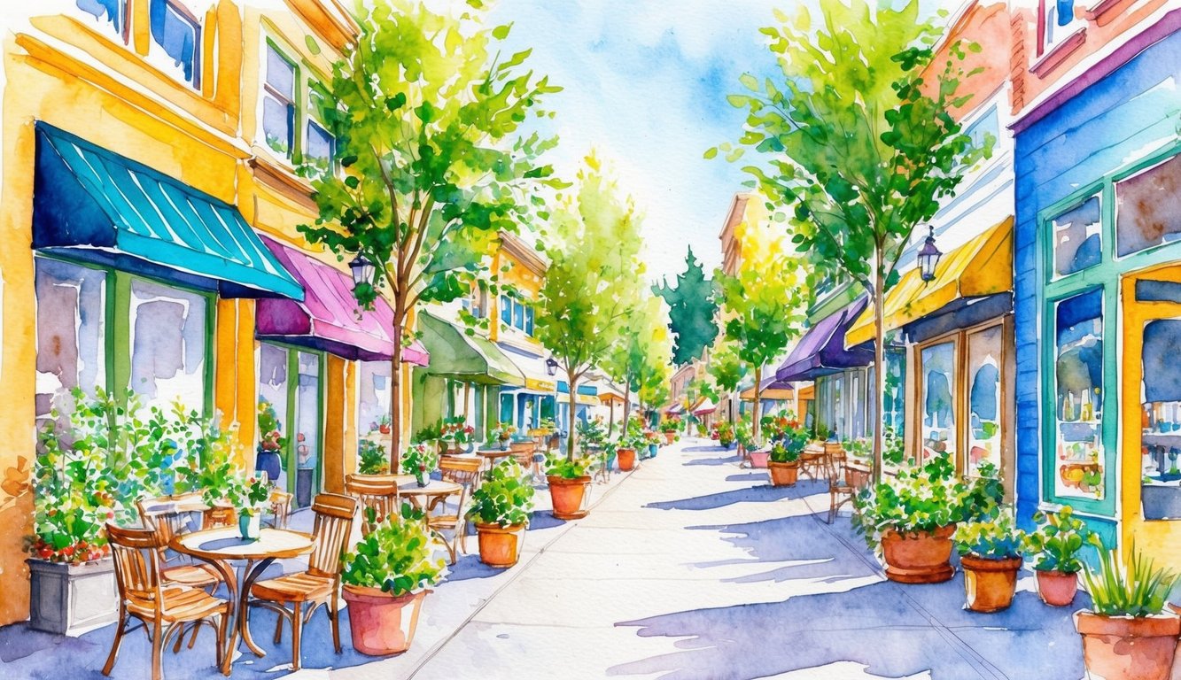 A bustling street lined with vibrant, plant-filled patios and cozy storefronts, each exuding the aroma of diverse vegetarian cuisines in Bend, Oregon