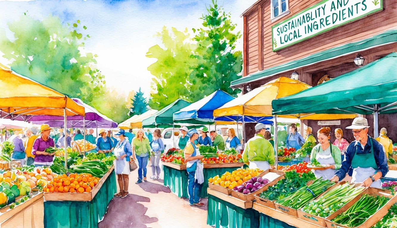 A bustling farmers market in Bend, Oregon, with colorful stalls selling fresh, locally-sourced vegetables and fruits. A sign reads "Sustainability and Local Ingredients" above a row of vegetarian food vendors