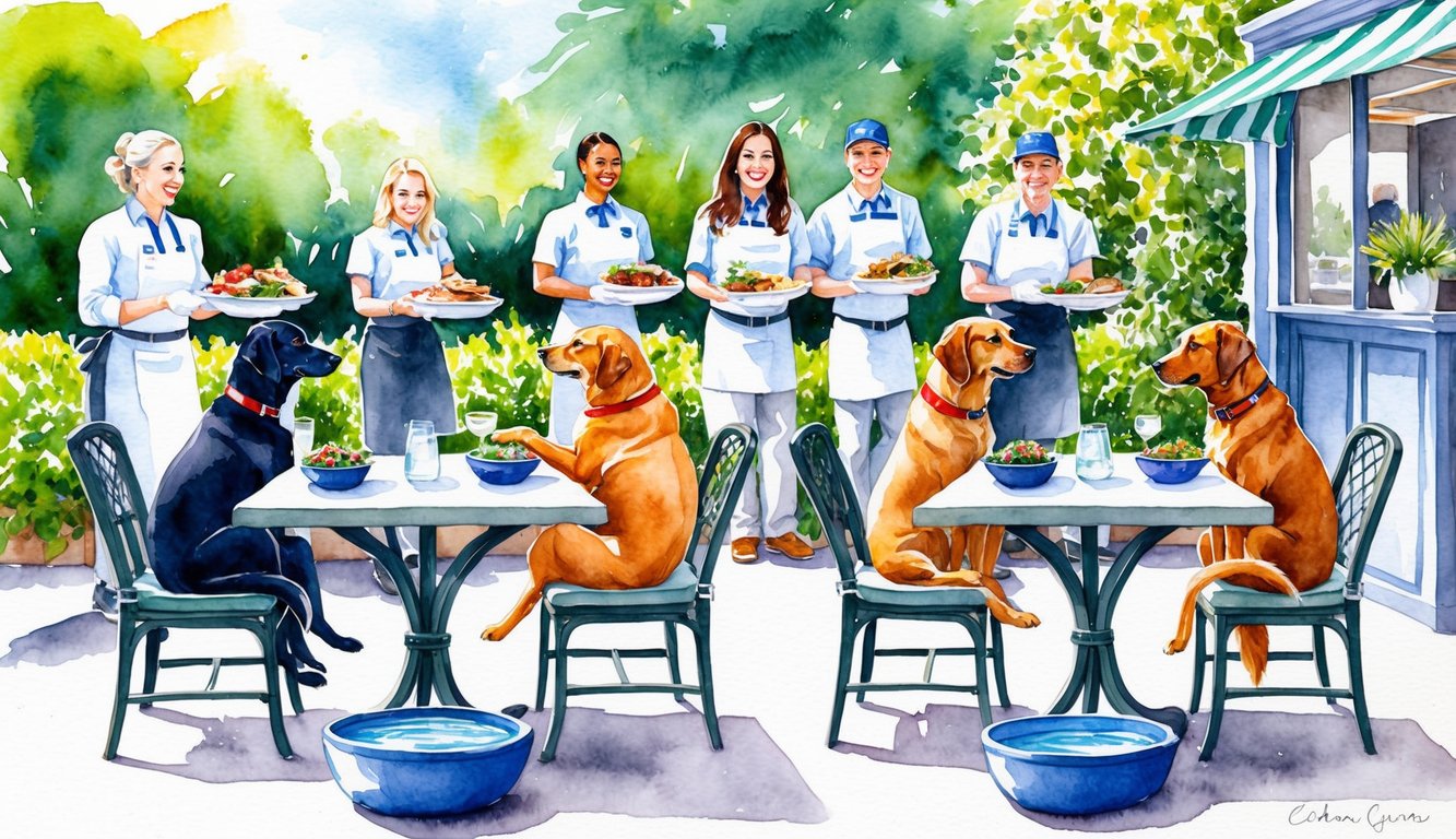 Dogs dining at outdoor tables with water bowls, surrounded by lush greenery and friendly staff serving pet-friendly dishes