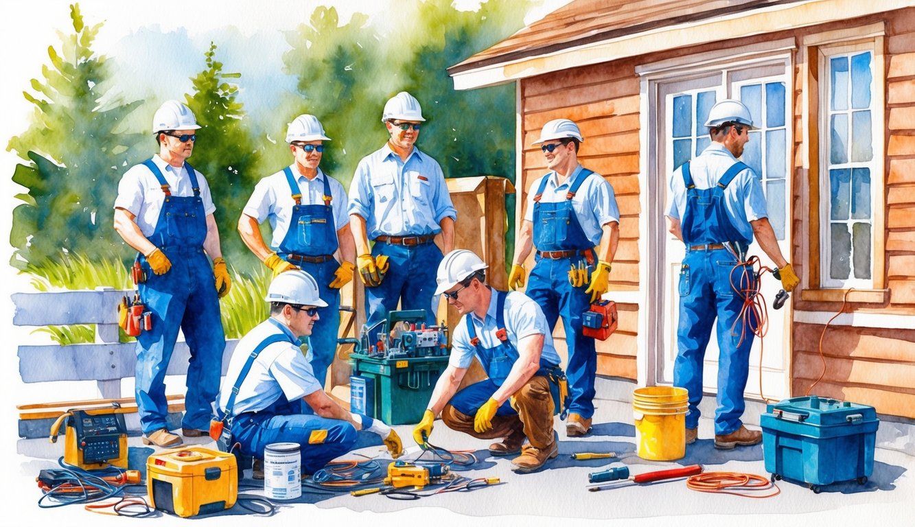 Five electricians working on various electrical projects in Bend, Oregon, with tools and equipment scattered around