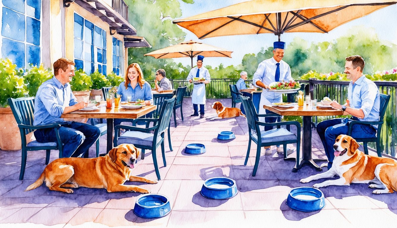 A bustling outdoor patio with dogs lounging under tables, water bowls scattered about, and servers delivering meals to happy pet owners