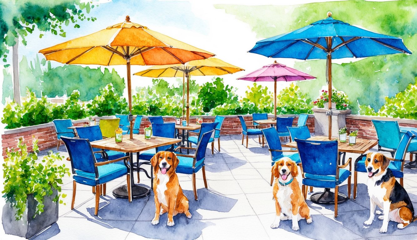 A sunny patio with colorful umbrellas and outdoor seating, surrounded by lush greenery and happy dogs enjoying treats at the 5 best dog-friendly restaurants in Bend, Oregon