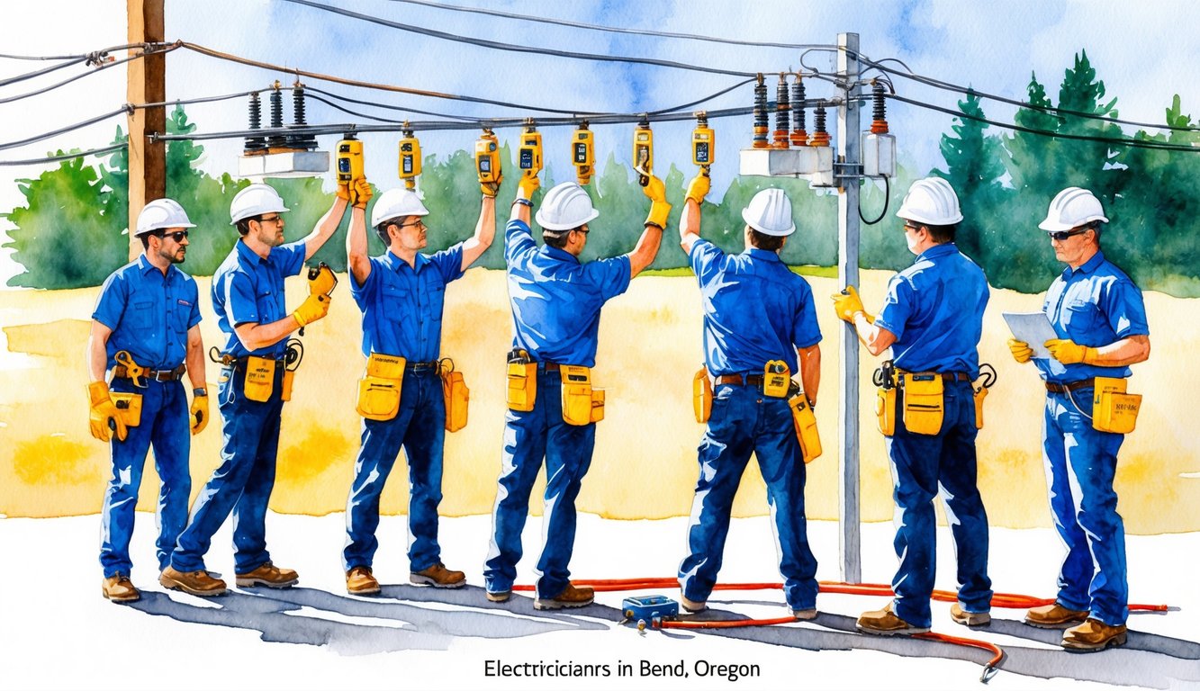A group of electricians in Bend, Oregon demonstrating safety measures while working on various electrical installations