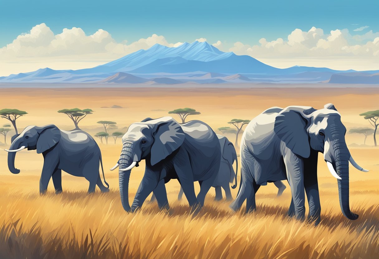A herd of elephants roam across a vast savanna, with a bright blue sky and distant mountains in the background