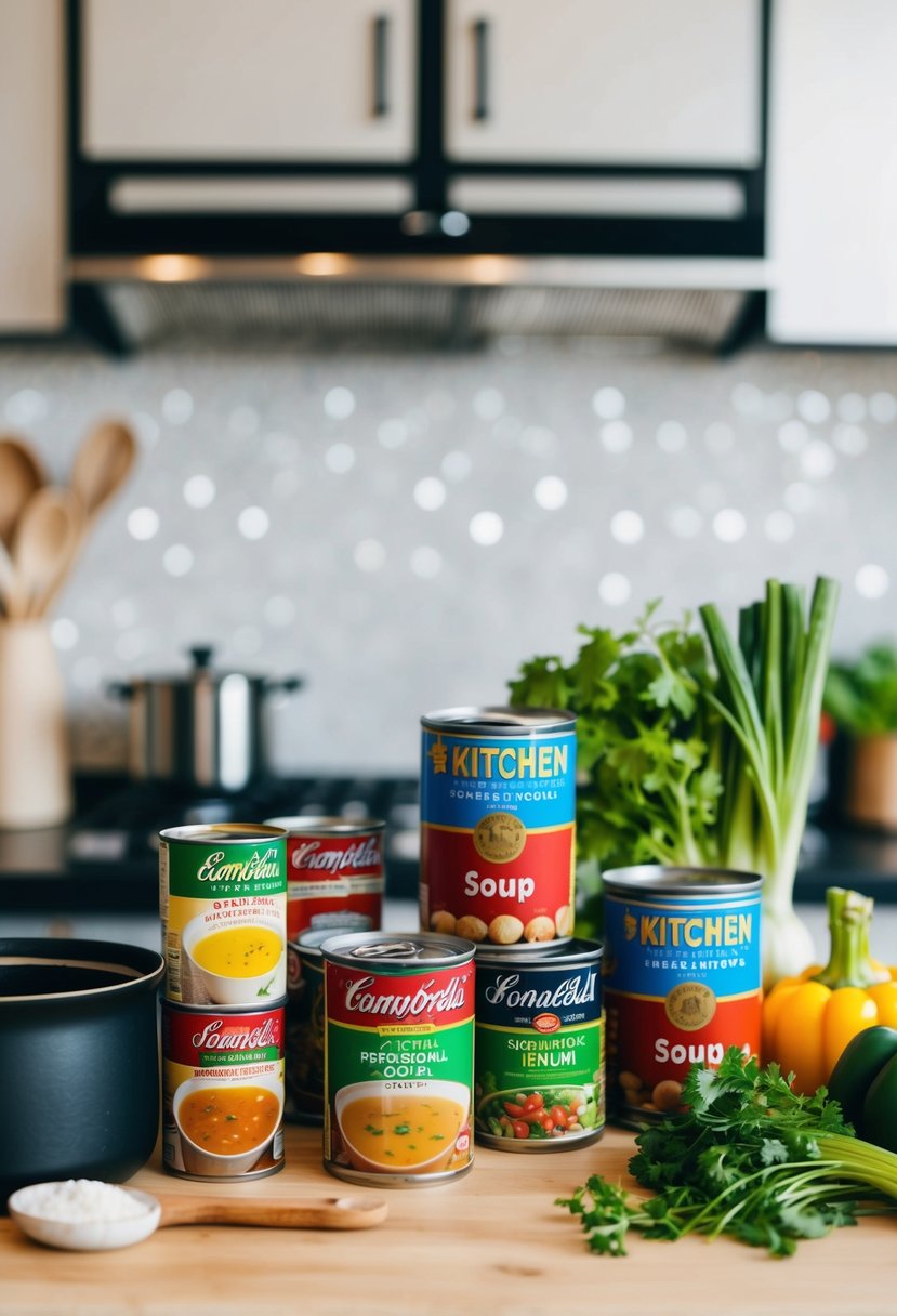 A kitchen counter with various cans of soup, a pot, and fresh ingredients like vegetables and herbs