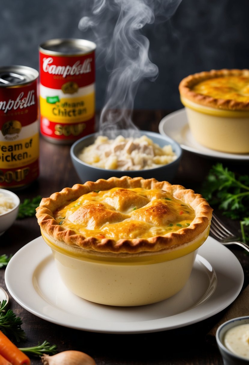 A steaming chicken pot pie, golden crust, bubbling filling, surrounded by cans of Campbell's Cream of Chicken Soup and fresh ingredients