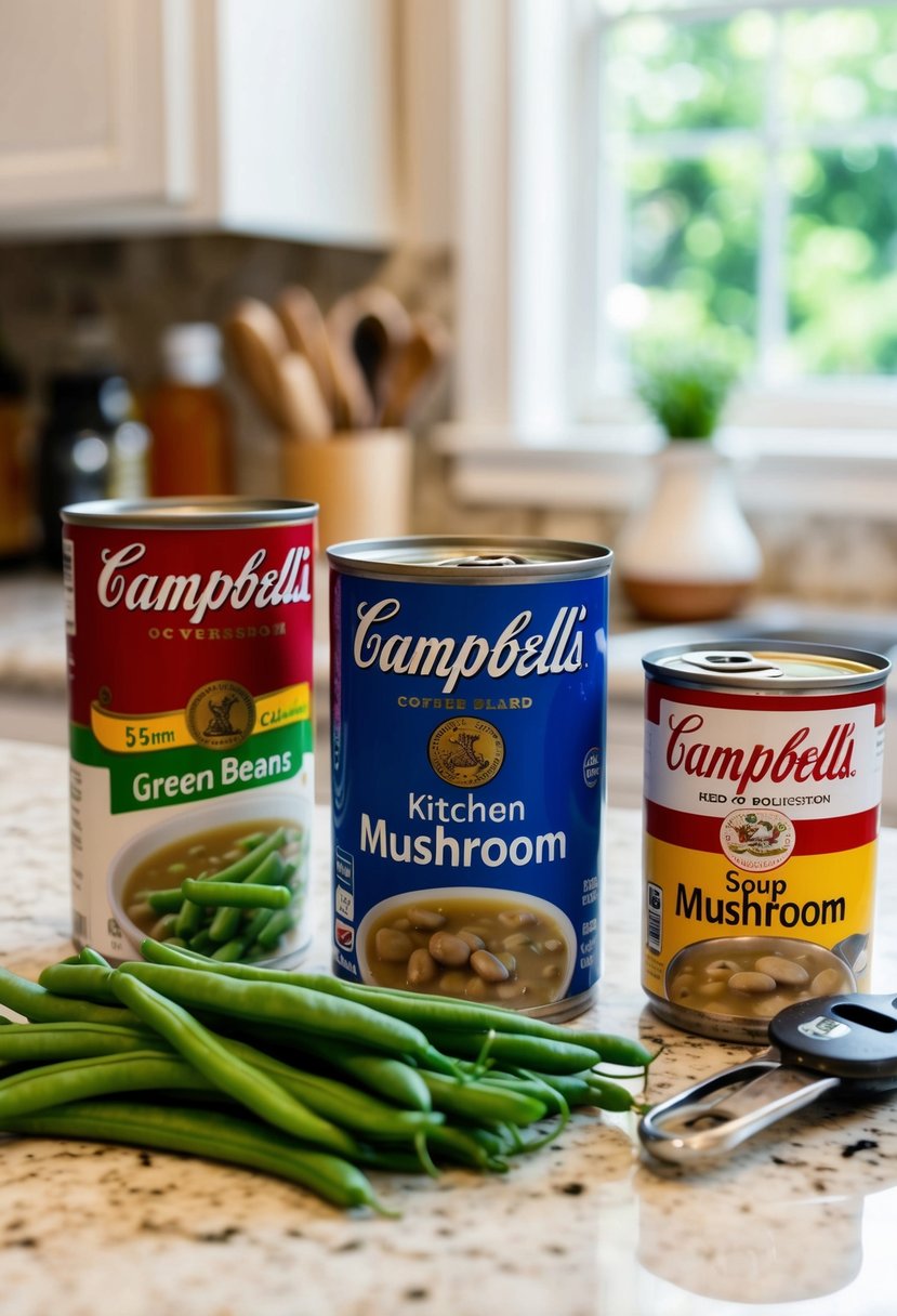 A kitchen counter with ingredients: green beans, Campbell's Mushroom Soup, and a can opener