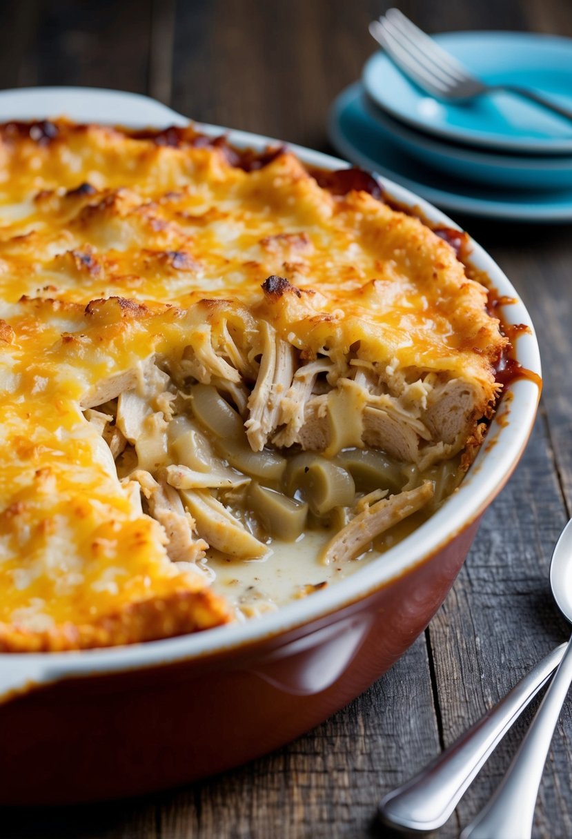 A bubbling casserole dish filled with layers of shredded chicken, caramelized onions, and creamy canned French onion soup, topped with a golden brown crust