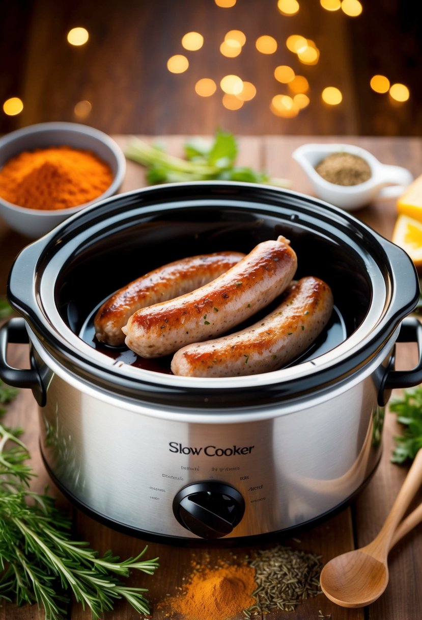 A slow cooker filled with sizzling breakfast sausages surrounded by aromatic herbs and spices