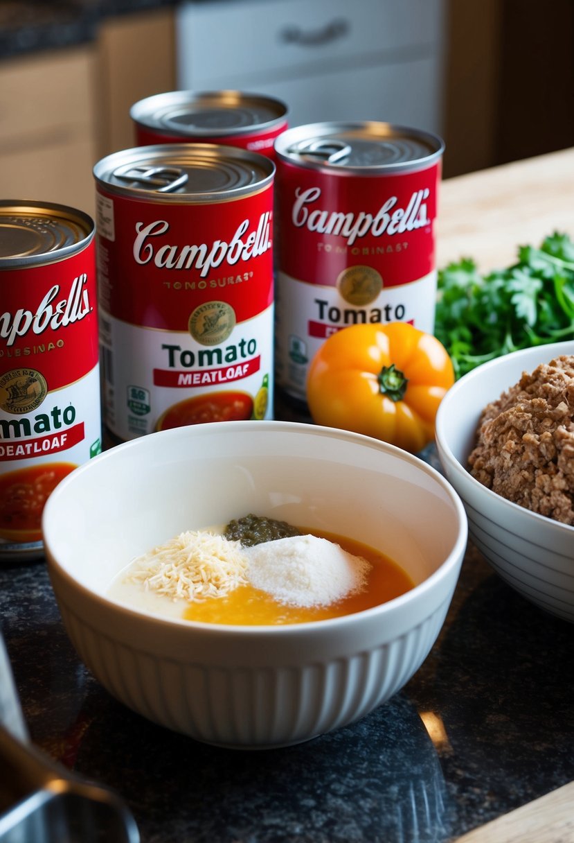 A kitchen counter with open cans of Campbell's Tomato Soup, a mixing bowl, and ingredients for meatloaf