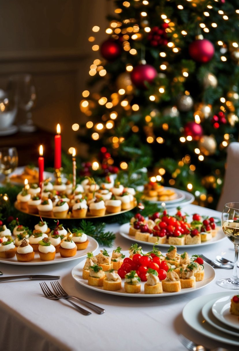 A festive table adorned with an array of elegant appetizers, surrounded by twinkling Christmas lights and holiday decorations