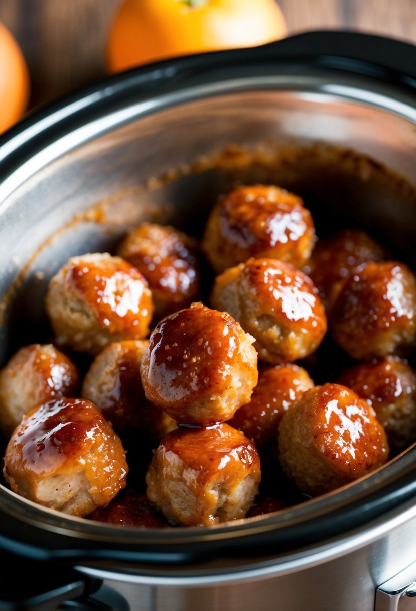 A slow cooker filled with sizzling breakfast sausage bites coated in a glossy maple glaze