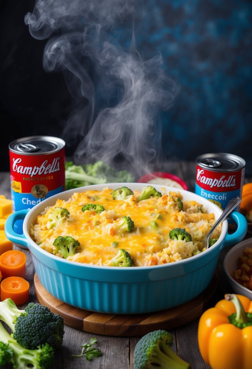 A steaming casserole dish filled with Campbell's Cheddar Broccoli Rice Casserole, surrounded by colorful ingredients and a can of soup