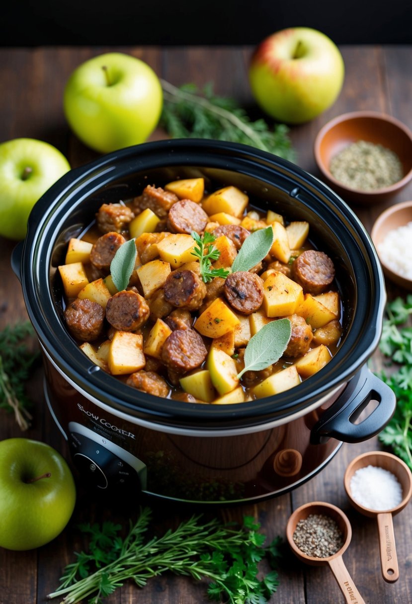 A slow cooker filled with apple and sage sausage casserole, surrounded by fresh herbs and spices