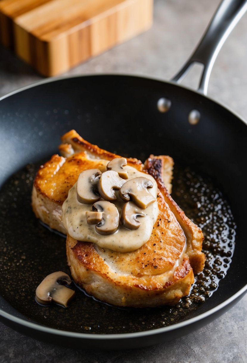 A frying pan sizzling with golden-brown pork chops topped with creamy mushroom sauce from a can