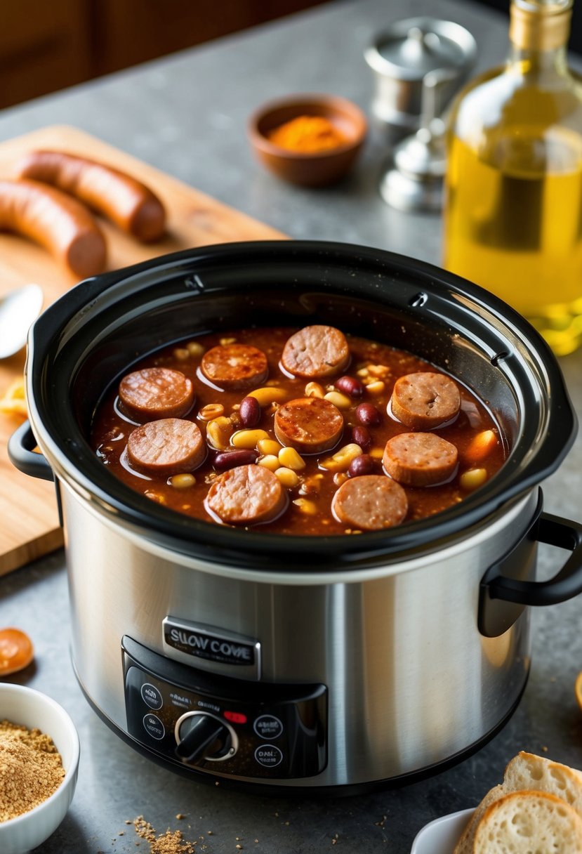 A slow cooker filled with honey-mustard sausage chili simmering on a kitchen counter. Ingredients like sausages, beans, and spices are scattered around