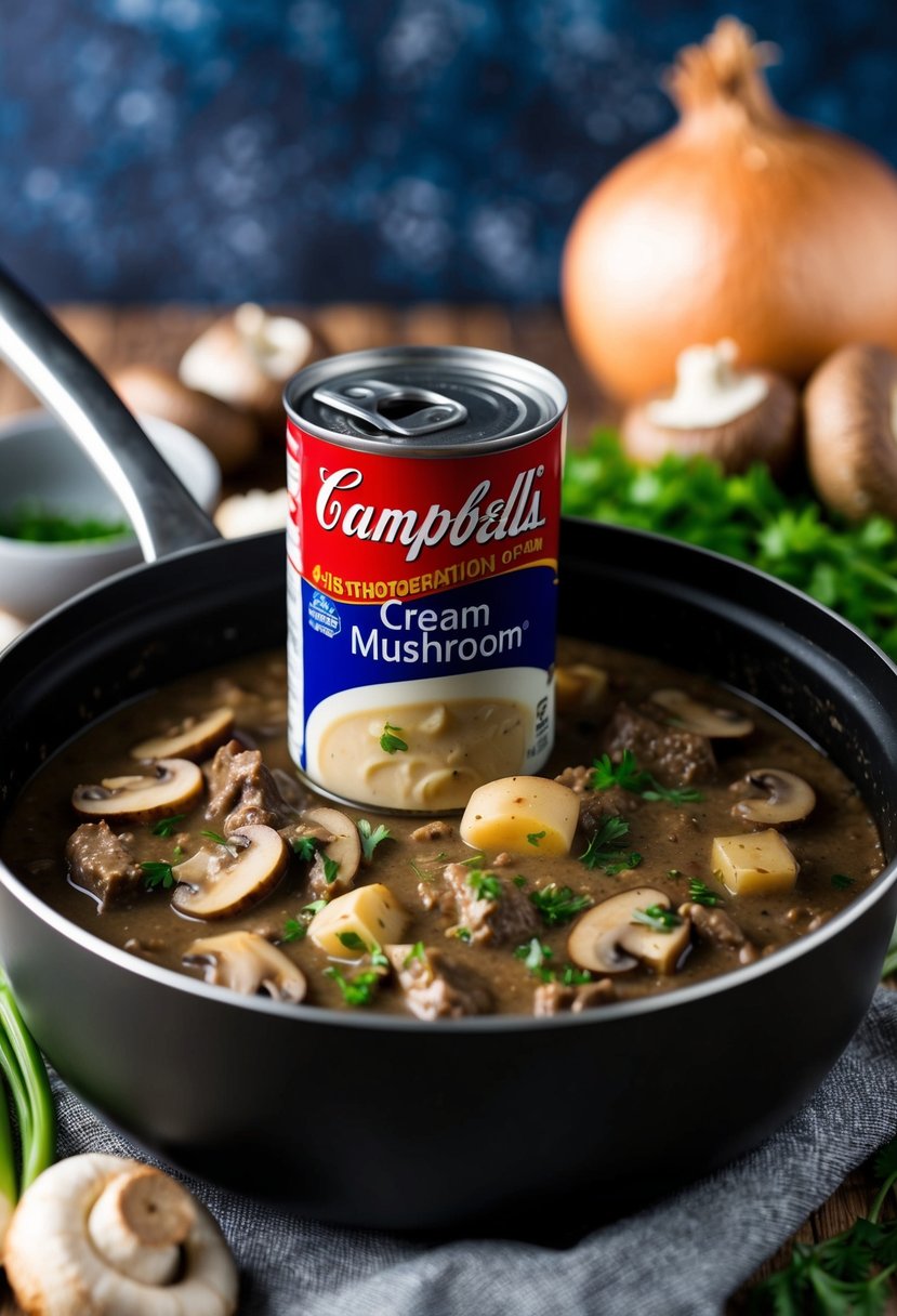 A simmering pot of Campbell's Beef Stroganoff, surrounded by fresh mushrooms, onions, and a can of Campbell's Cream of Mushroom soup