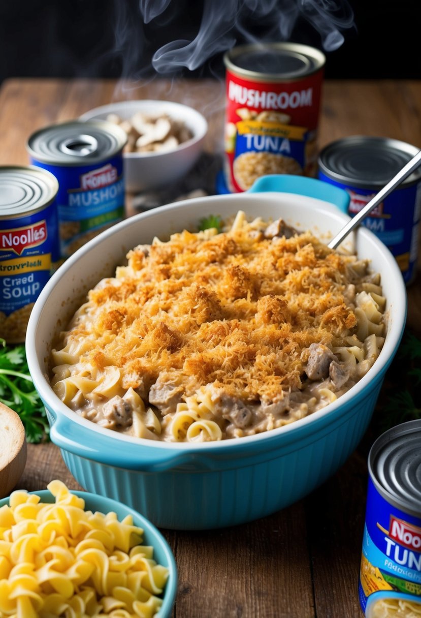 A steaming casserole dish filled with creamy tuna noodle casserole, topped with crispy breadcrumbs, surrounded by ingredients like canned mushroom soup, noodles, and tuna cans