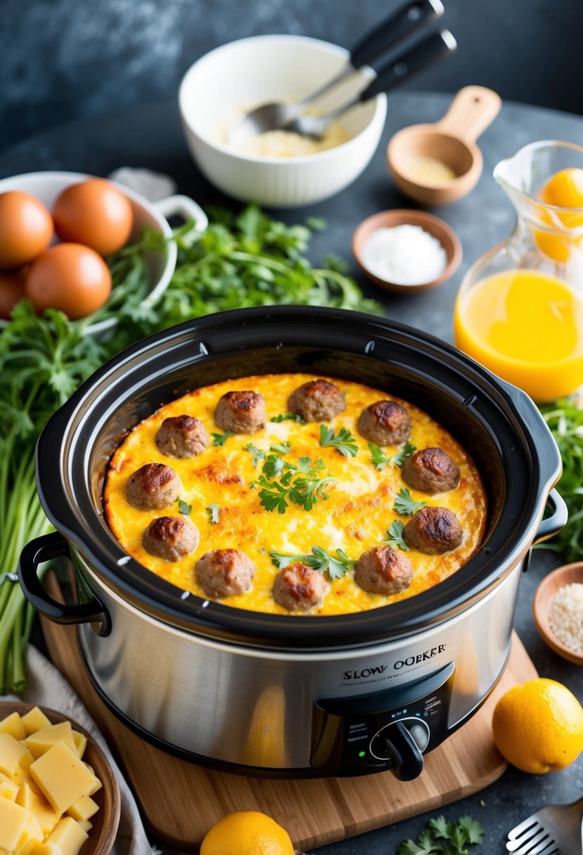 A slow cooker filled with a cheesy sausage breakfast quiche, surrounded by fresh ingredients and kitchen utensils