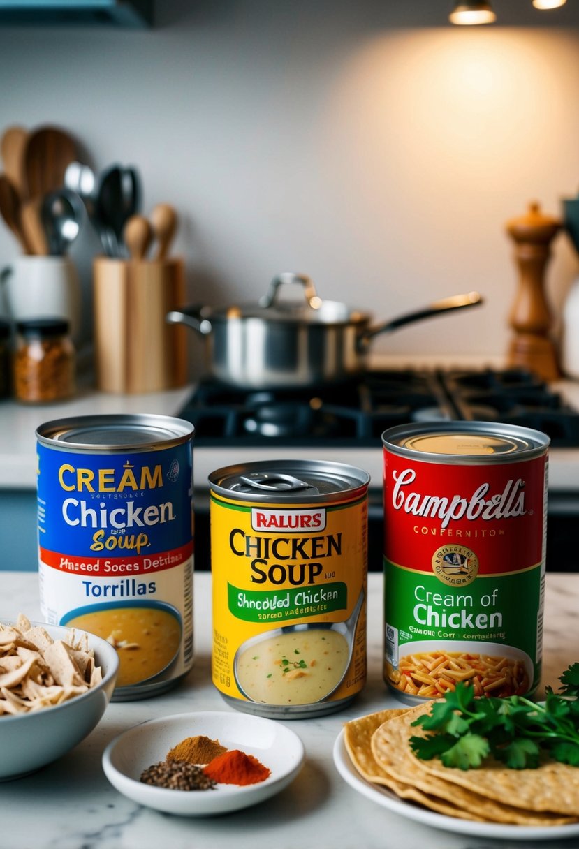 A kitchen counter with open cans of cream of chicken soup, shredded chicken, tortillas, and various spices and ingredients scattered around