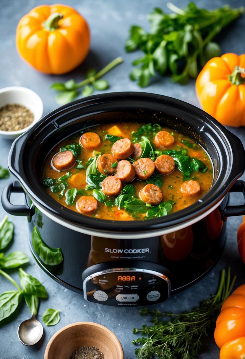 A steaming bowl of spicy sausage and spinach soup simmering in a slow cooker, surrounded by fresh ingredients and herbs