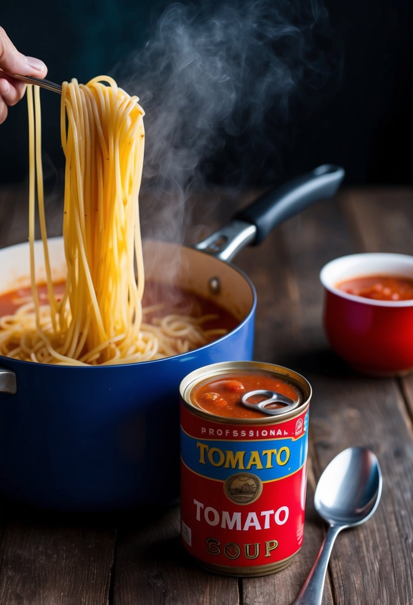 A pot of boiling spaghetti with a can of tomato soup and a spoon on the side