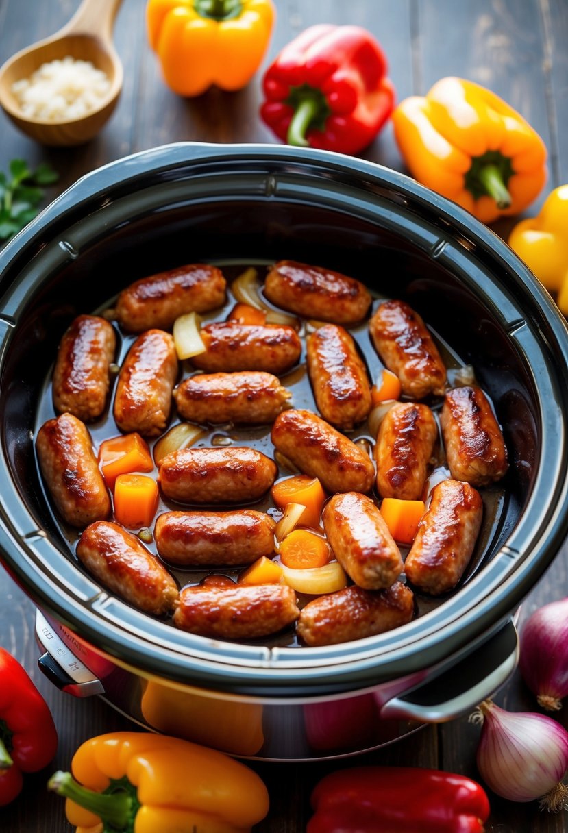 A slow cooker filled with sizzling sweet and sour sausage links, surrounded by colorful peppers and onions