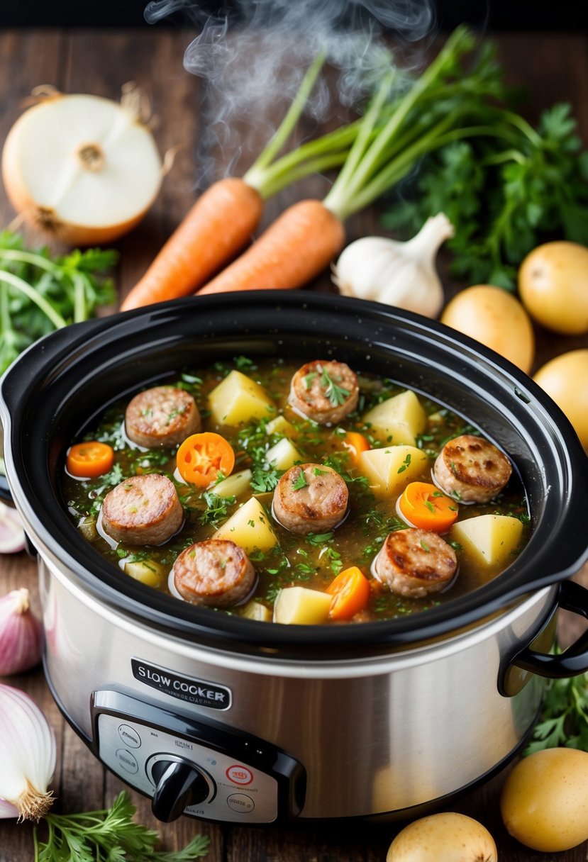 A steaming slow cooker filled with herb and garlic sausage stew, surrounded by fresh ingredients like onions, carrots, and potatoes