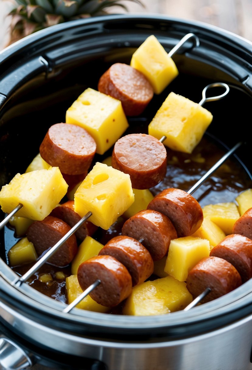 Pineapple chunks and breakfast sausages skewered on metal sticks, arranged on a slow cooker