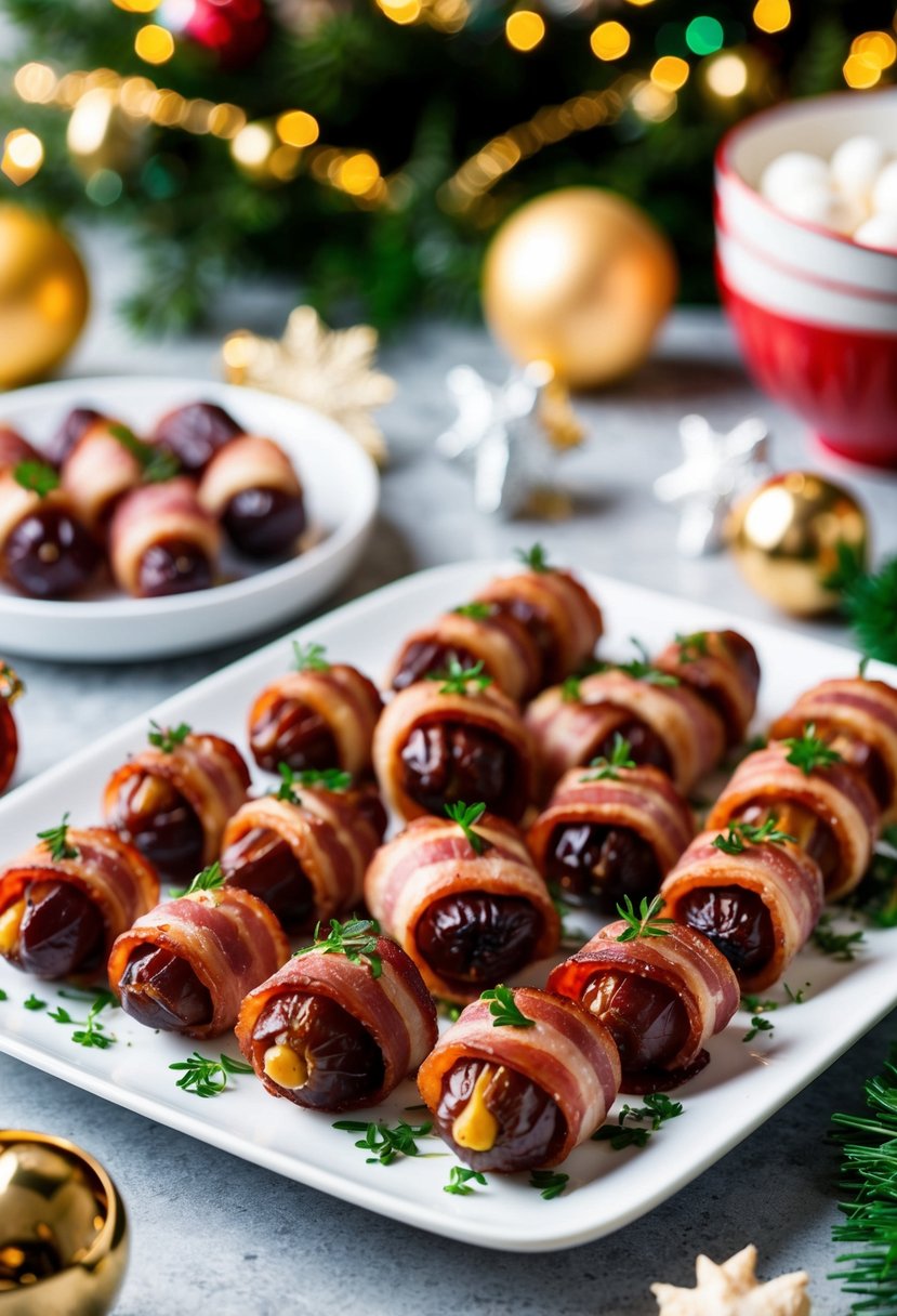 A platter of bacon-wrapped dates arranged with festive garnish for a Christmas party