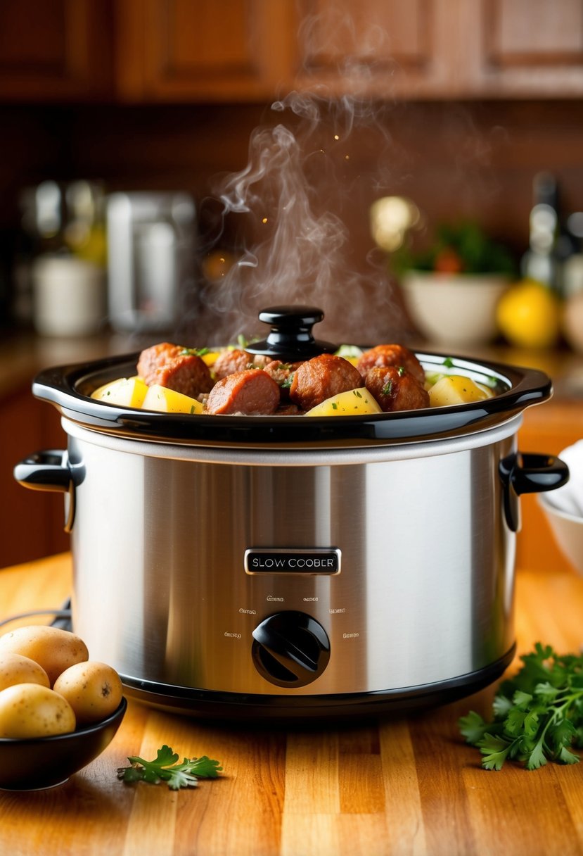 A slow cooker filled with Italian sausage, potatoes, and seasonings bubbling away, filling the kitchen with a savory aroma