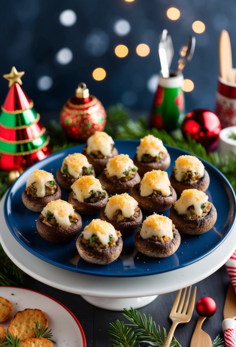 A platter of stuffed mushrooms topped with Parmesan cheese, surrounded by festive Christmas decorations and appetizer utensils